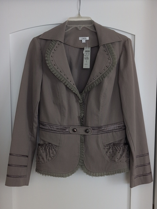 Cache Jackets & Blazers - Cache Taupe Olive Braided Trim Studded Women's Blazer
